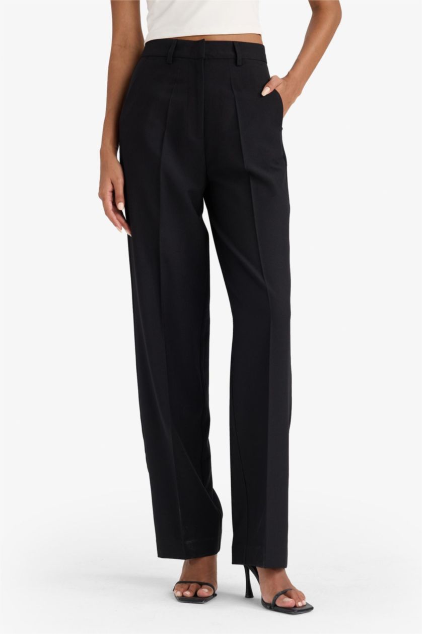 WOMAN Black Straight Fit High Waist Crop Belted Trousers