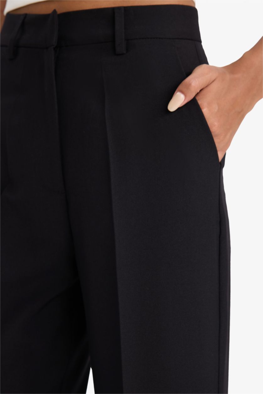 WOMAN Black Straight Fit High Waist Crop Belted Trousers