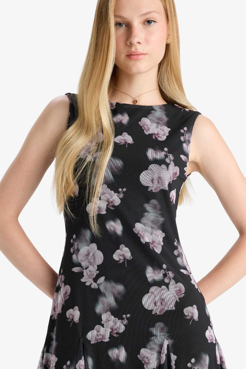 FEMME Noir Mini Robe en tulle fleurie sans manches à col rond