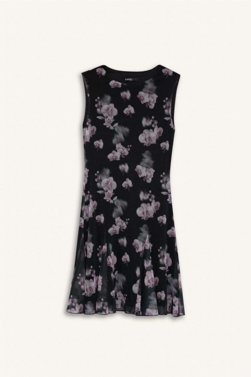 FEMME Noir Mini Robe en tulle fleurie sans manches à col rond