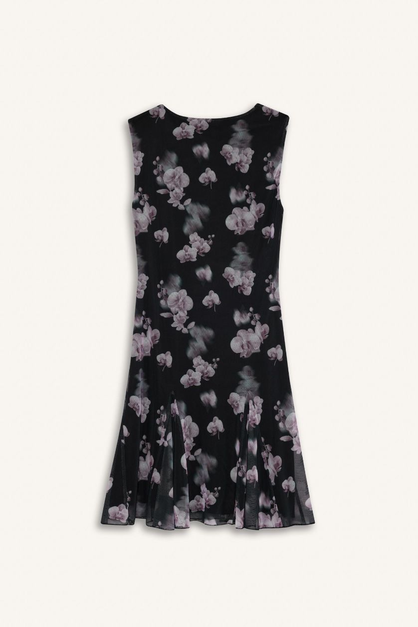 FEMME Noir Mini Robe en tulle fleurie sans manches à col rond