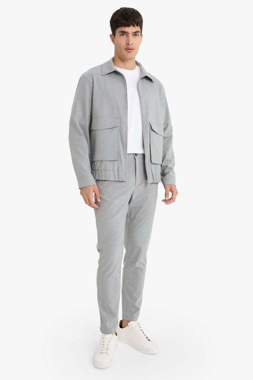 Erkek Gri Melanj Relax Fit Polo Yaka Cepli İç Cep Detaylı Fermuarlı Astarlı Mevsimlik Mont