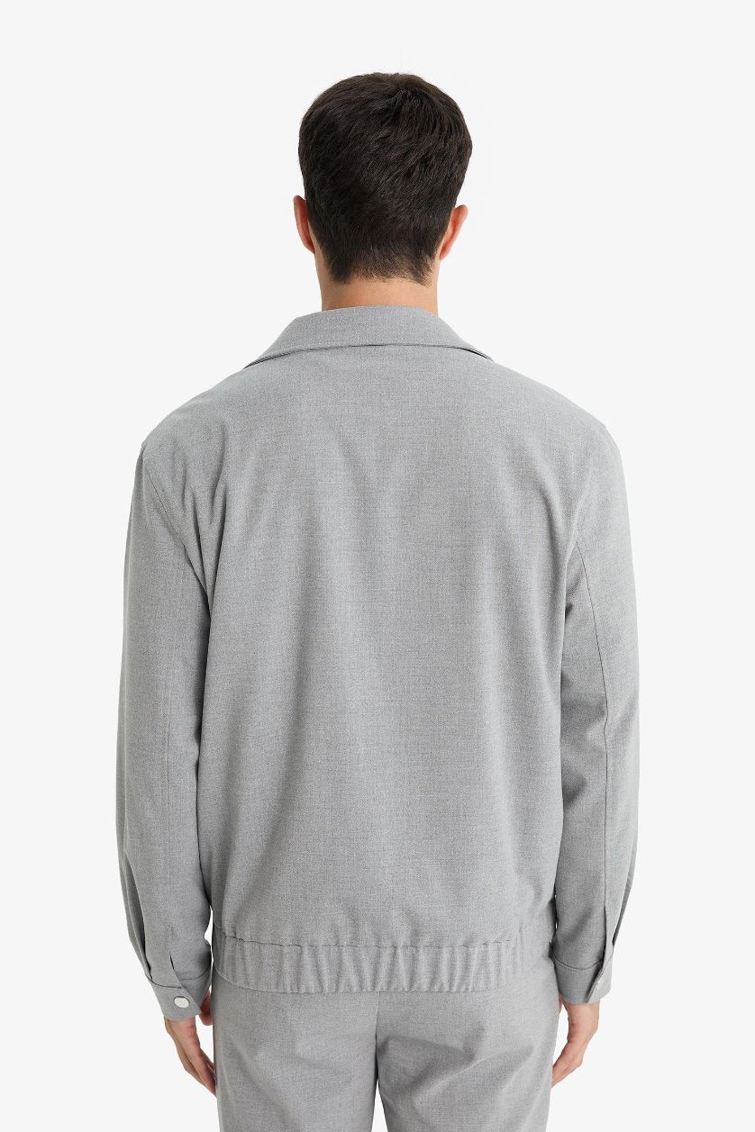 Erkek Gri Melanj Relax Fit Polo Yaka Cepli İç Cep Detaylı Fermuarlı Astarlı Mevsimlik Mont