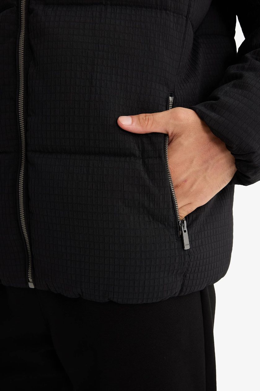 Erkek Siyah Regular Fit Dik Yaka Astarlı Fermuarlı Cepli Kışlık Mont