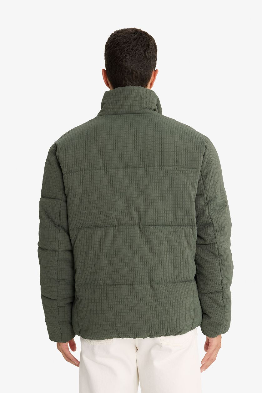 Erkek Açık Haki Regular Fit Dik Yaka Astarlı Fermuarlı Cepli Kışlık Mont