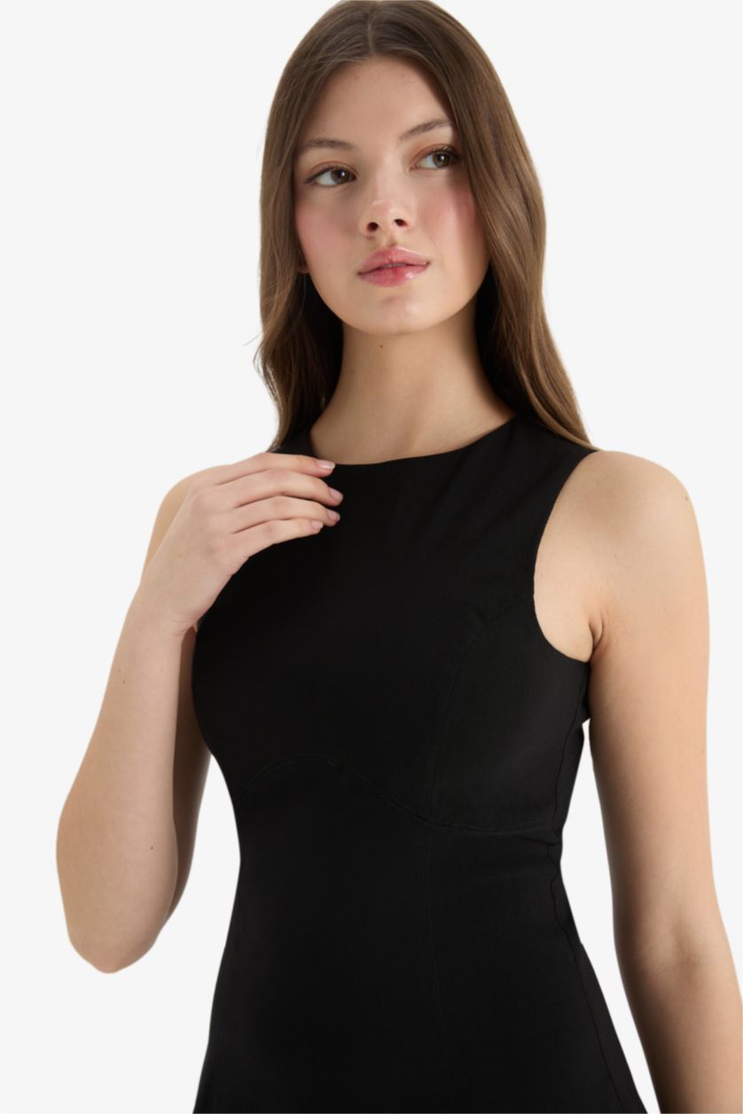 Женщины Черный Мини-платье с круглым вырезом и короткими рукавами из бенгалина