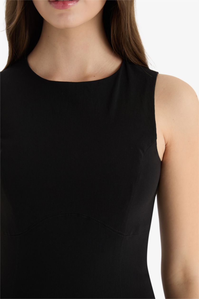 Женщины Черный Мини-платье с круглым вырезом и короткими рукавами из бенгалина