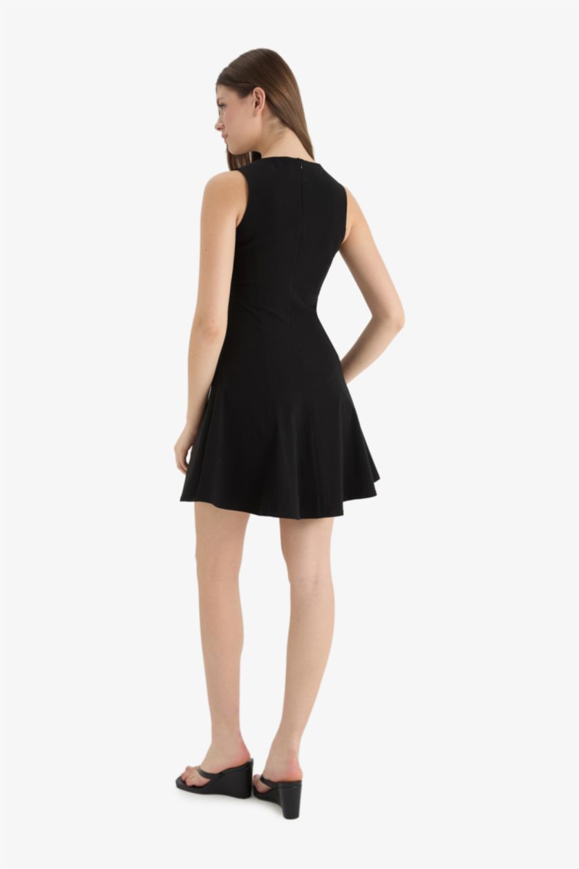 Женщины Черный Мини-платье с круглым вырезом и короткими рукавами из бенгалина