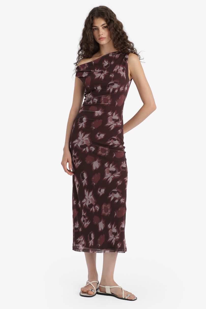 Kadın Bordo Bodycon Vücudu Saran Açık Omuz Çiçek Desenli Tül Maxi Elbise