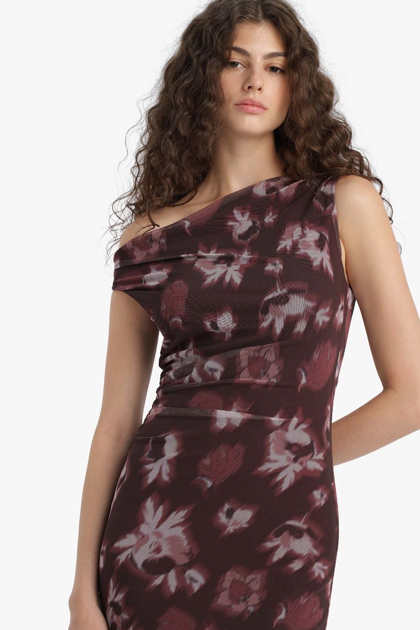 Kadın Bordo Bodycon Vücudu Saran Açık Omuz Çiçek Desenli Tül Maxi Elbise