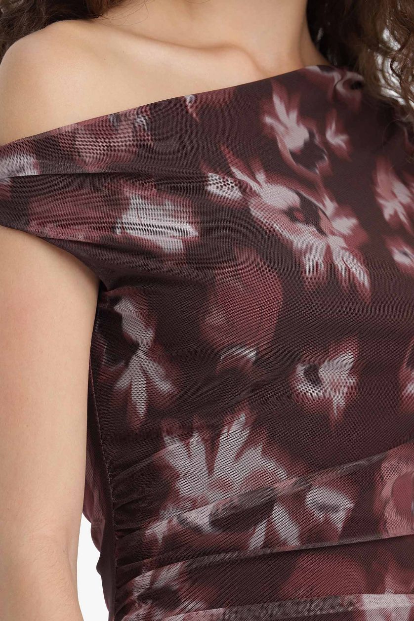 Kadın Bordo Bodycon Vücudu Saran Açık Omuz Çiçek Desenli Tül Maxi Elbise