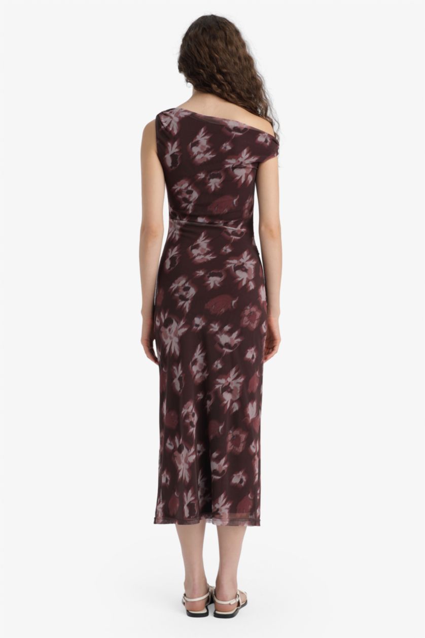 Kadın Bordo Bodycon Vücudu Saran Açık Omuz Çiçek Desenli Tül Maxi Elbise