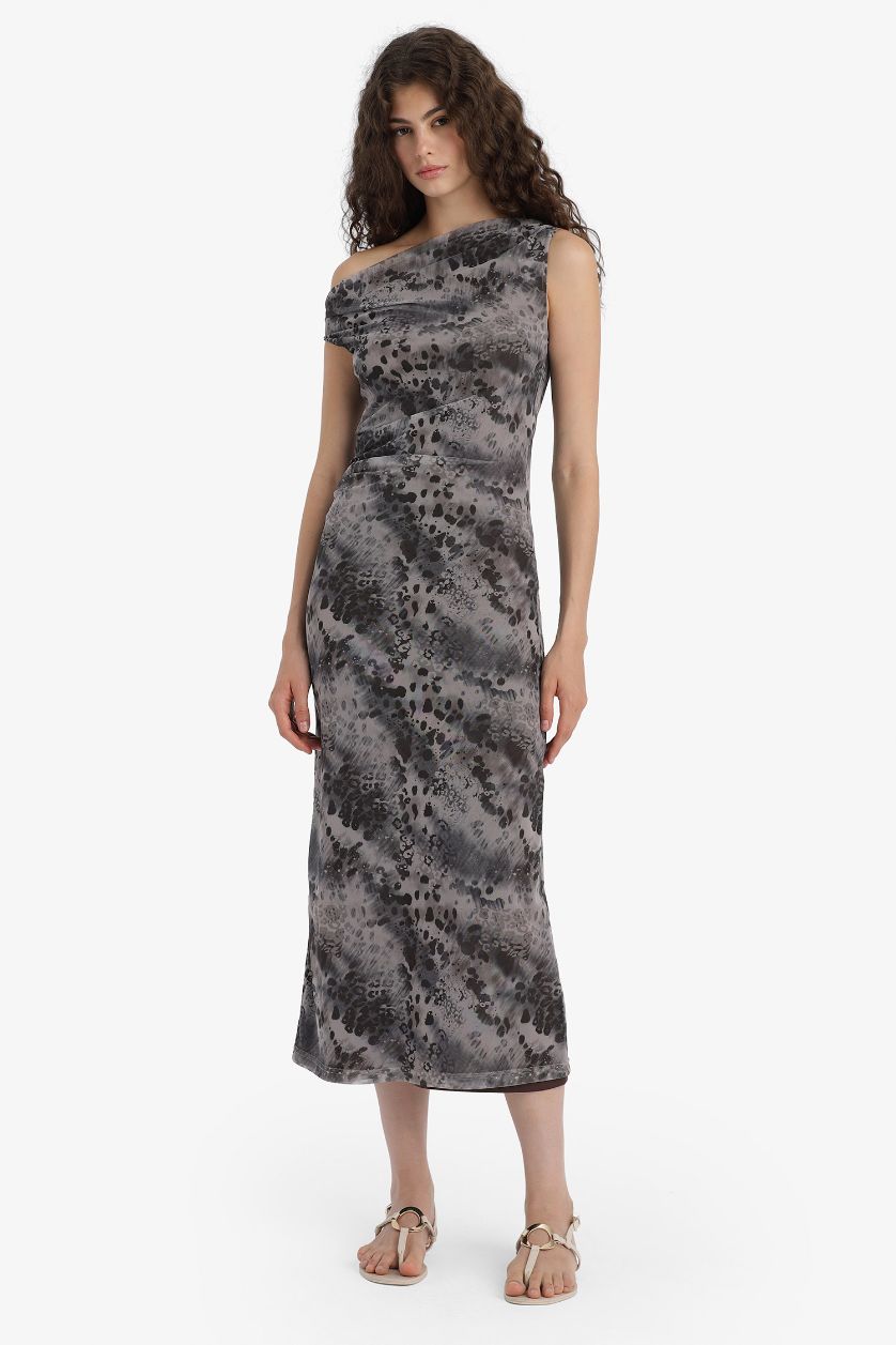 Kadın Gri Bodycon Vücudu Saran Açık Omuz Desenli Tül Maxi Elbise