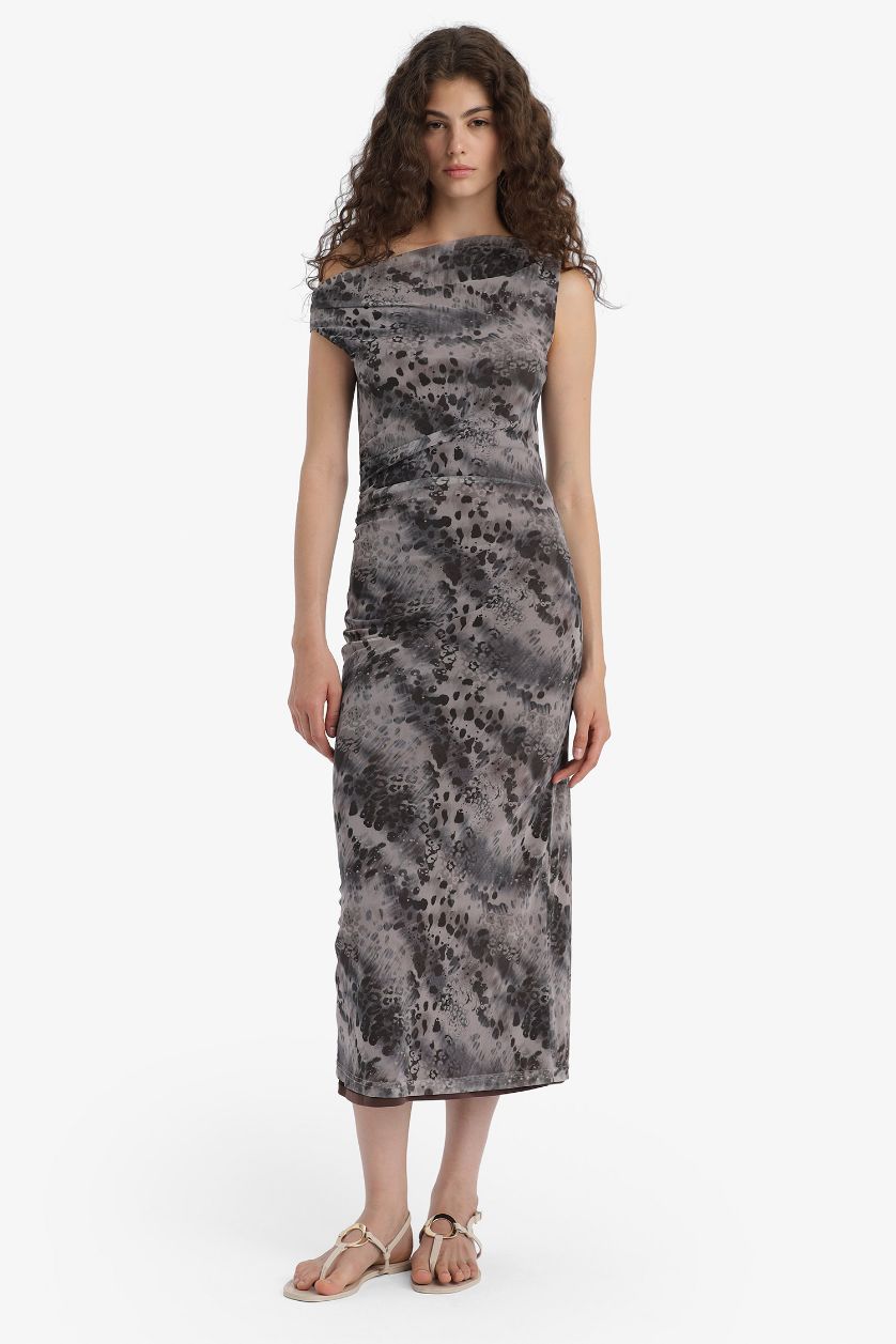 Kadın Gri Bodycon Vücudu Saran Açık Omuz Desenli Tül Maxi Elbise