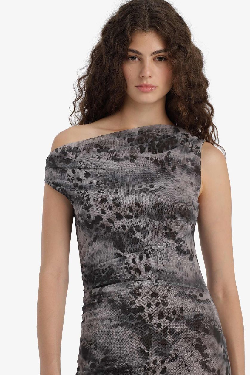 Kadın Gri Bodycon Vücudu Saran Açık Omuz Desenli Tül Maxi Elbise