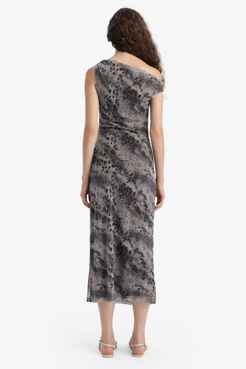 Kadın Gri Bodycon Vücudu Saran Açık Omuz Desenli Tül Maxi Elbise