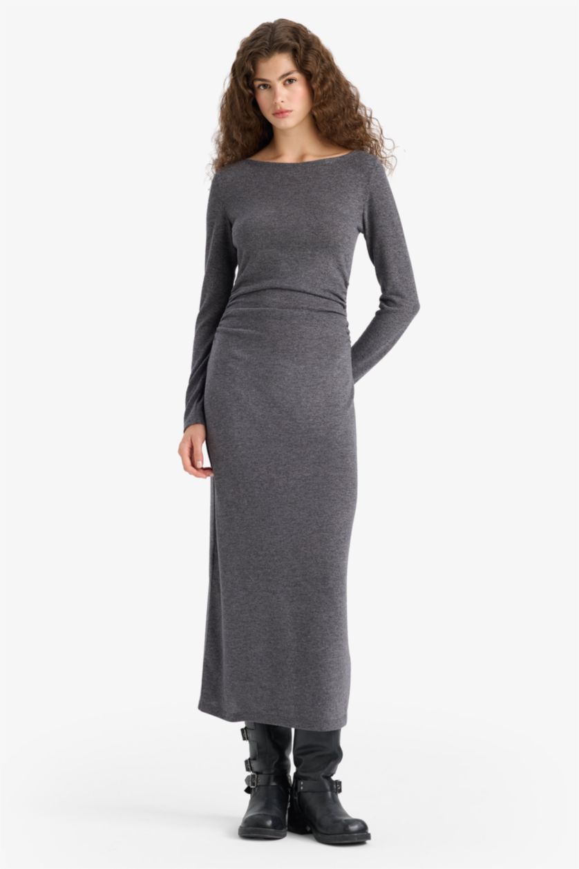 Woman Dark Anthracite Bodycon Boat Collar Maxi Dress