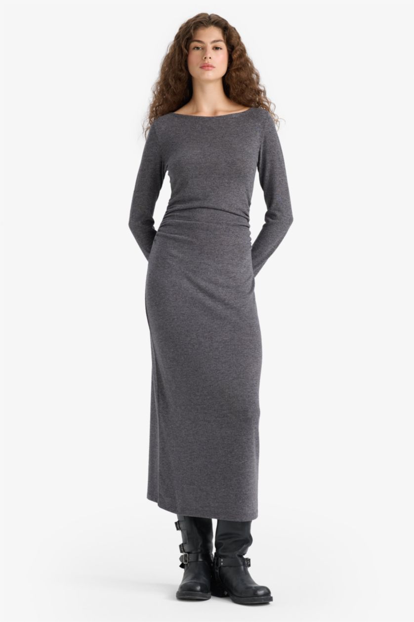 Woman Dark Anthracite Bodycon Boat Collar Maxi Dress