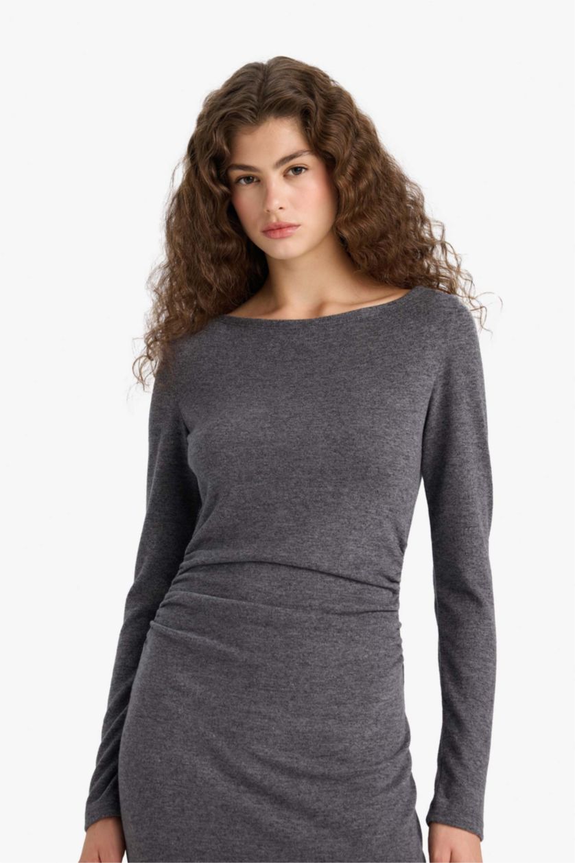 Woman Dark Anthracite Bodycon Boat Collar Maxi Dress