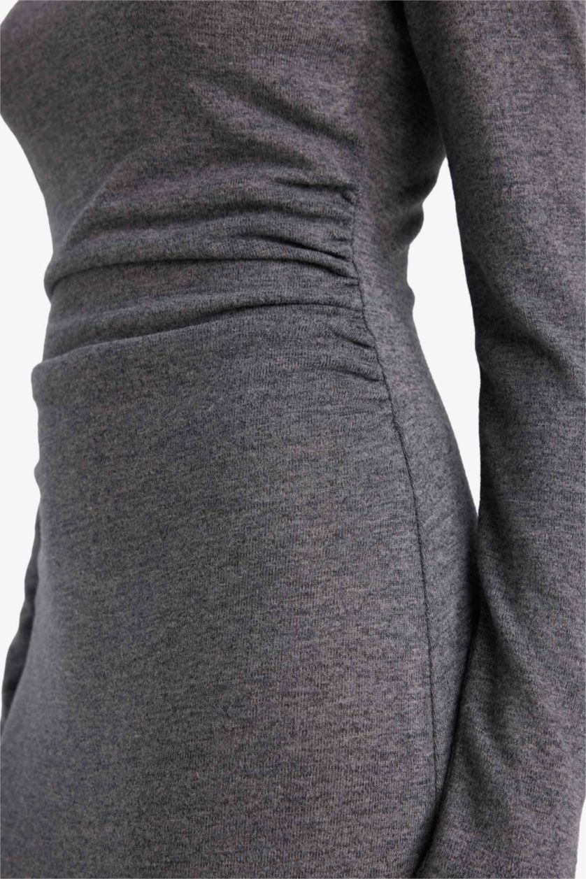 Woman Dark Anthracite Bodycon Boat Collar Maxi Dress