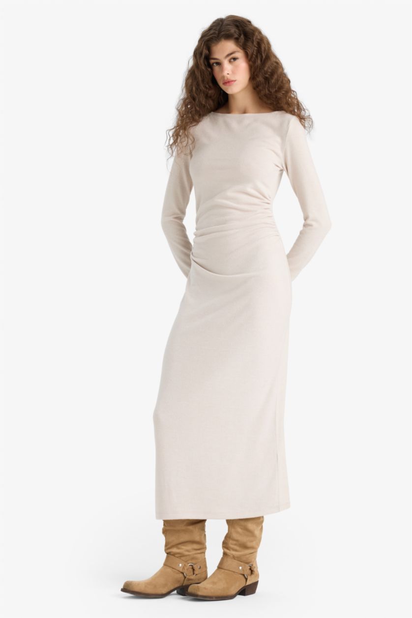 Woman Ecru Melange Bodycon Boat Collar Maxi Dress