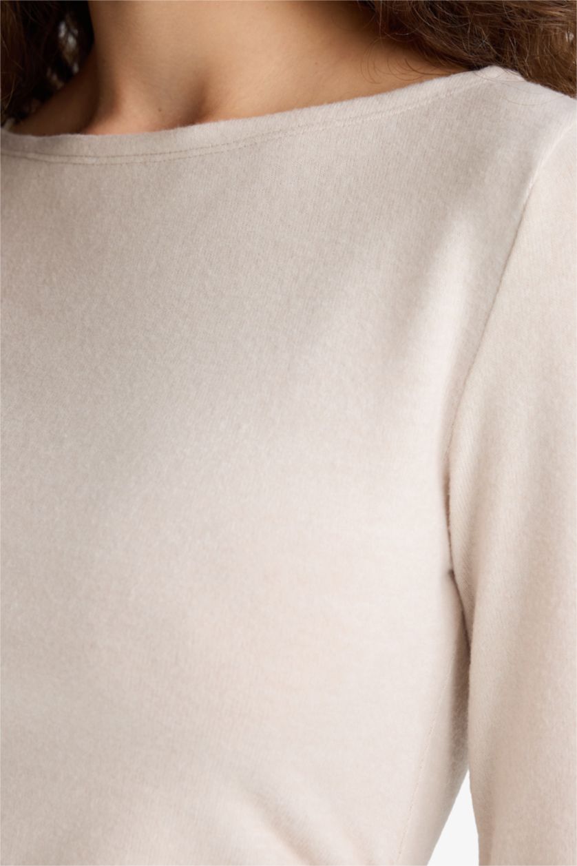 Woman Ecru Melange Bodycon Boat Collar Maxi Dress