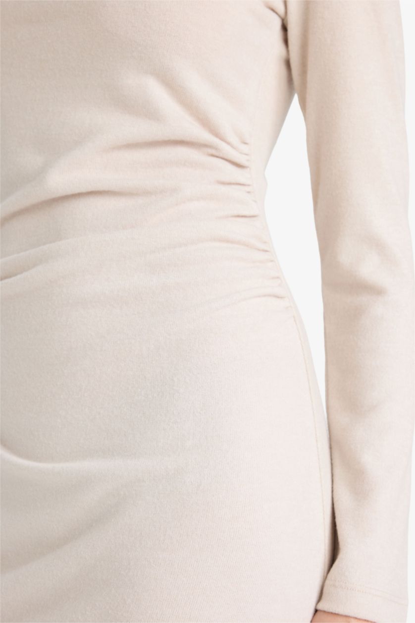 Woman Ecru Melange Bodycon Boat Collar Maxi Dress