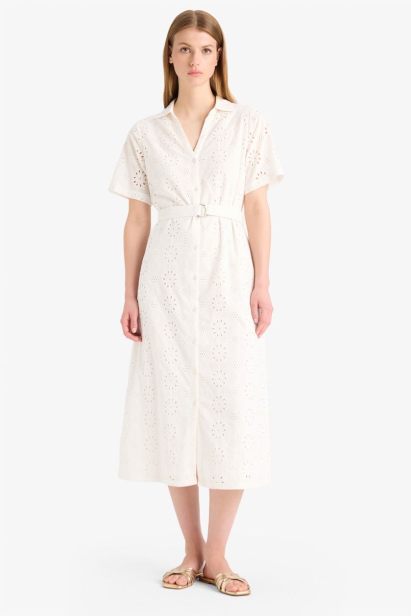 WOMAN White Shirt Collar Brode Short Sleeve Midi Dress