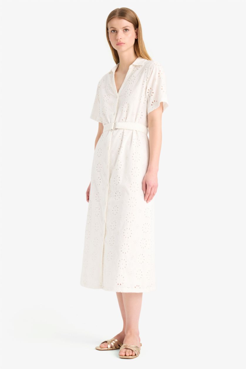 WOMAN White Shirt Collar Brode Short Sleeve Midi Dress