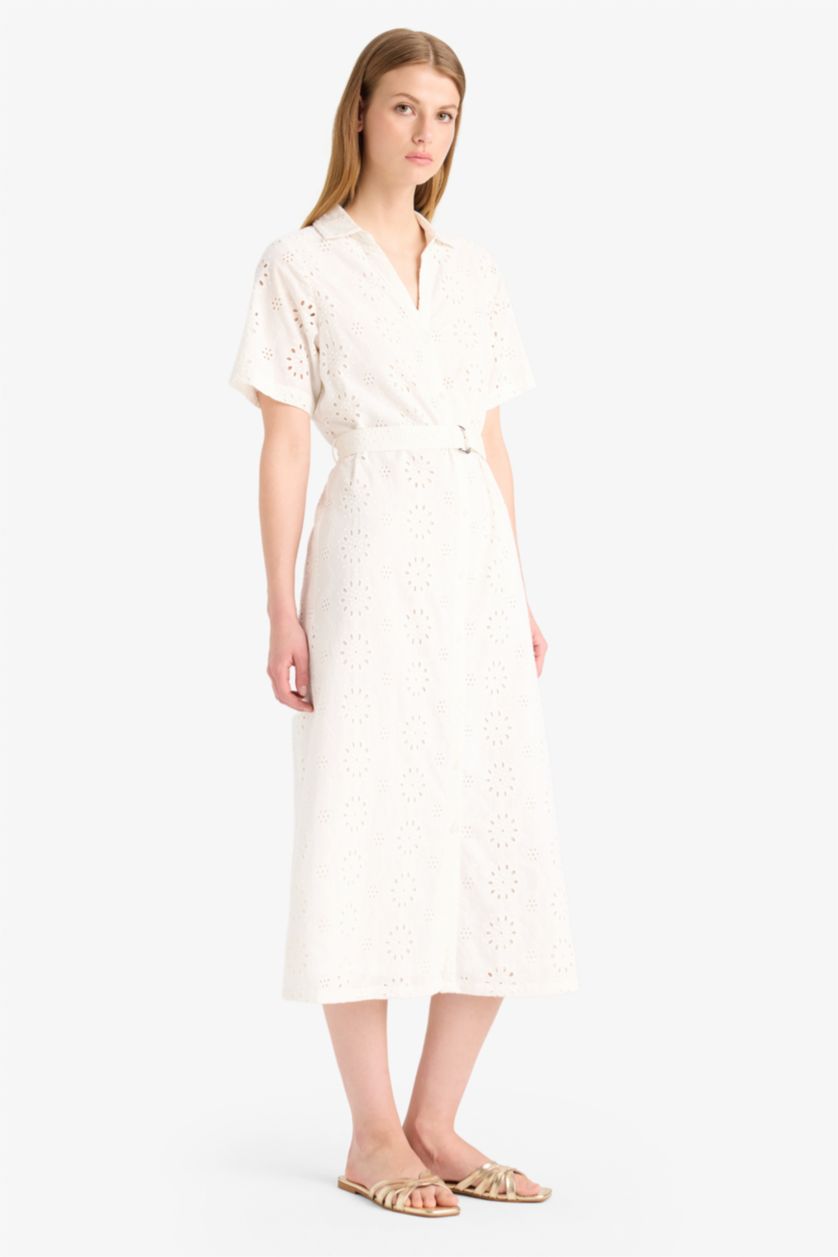 WOMAN White Shirt Collar Brode Short Sleeve Midi Dress
