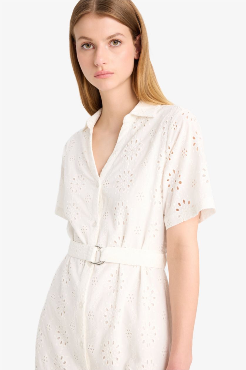 WOMAN White Shirt Collar Brode Short Sleeve Midi Dress