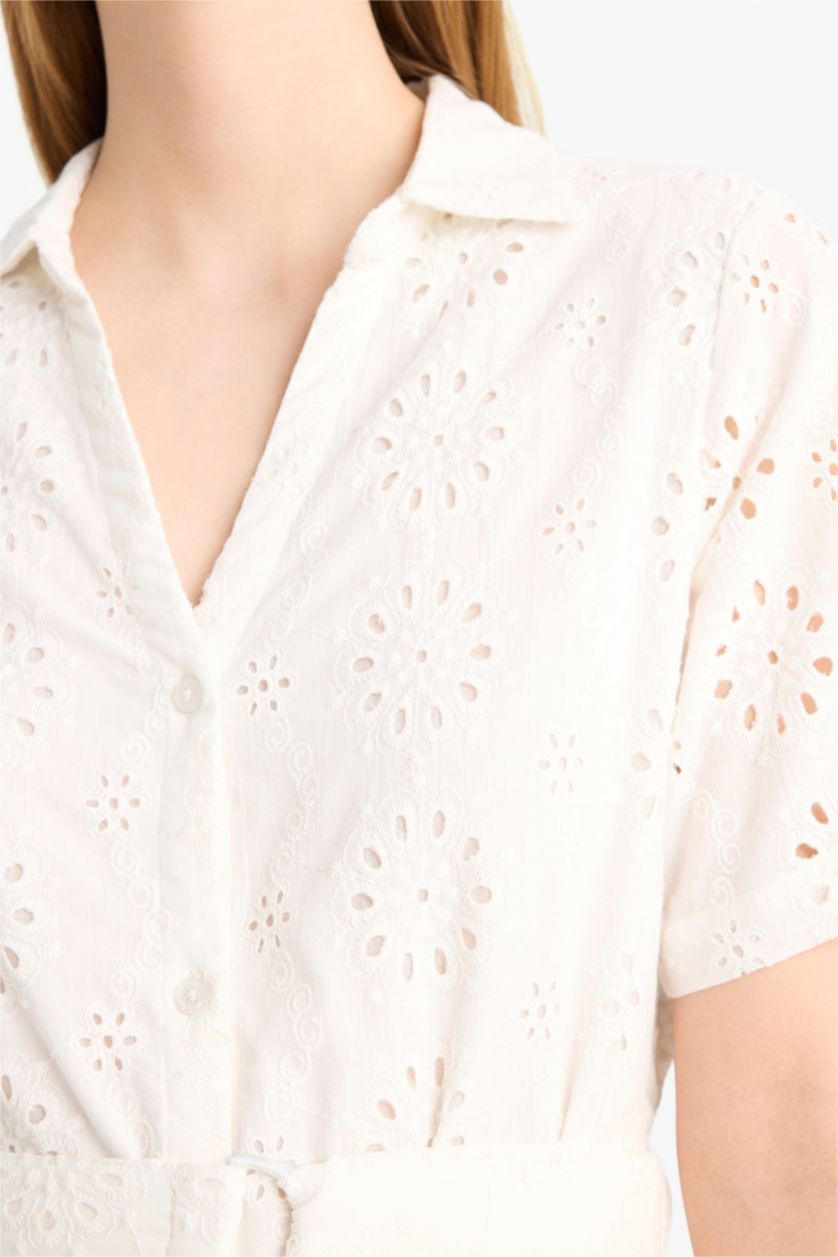WOMAN White Shirt Collar Brode Short Sleeve Midi Dress