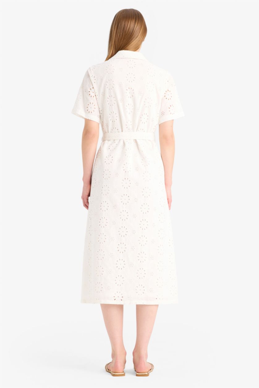 WOMAN White Shirt Collar Brode Short Sleeve Midi Dress