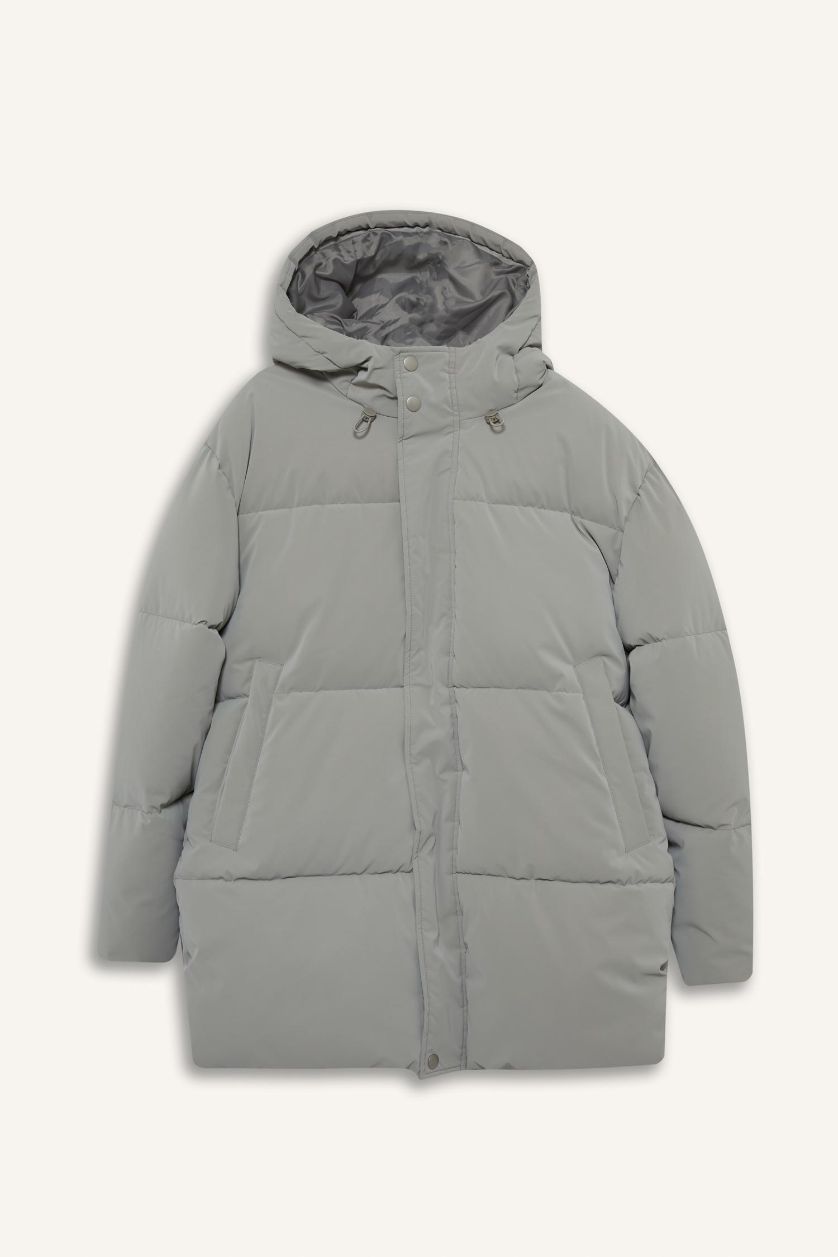 Erkek Açık Gri Su İtici Regular Fit Kapüşonlu Cepli Astarlı Rüzgar Geçirmez Fermuarlı  Parka