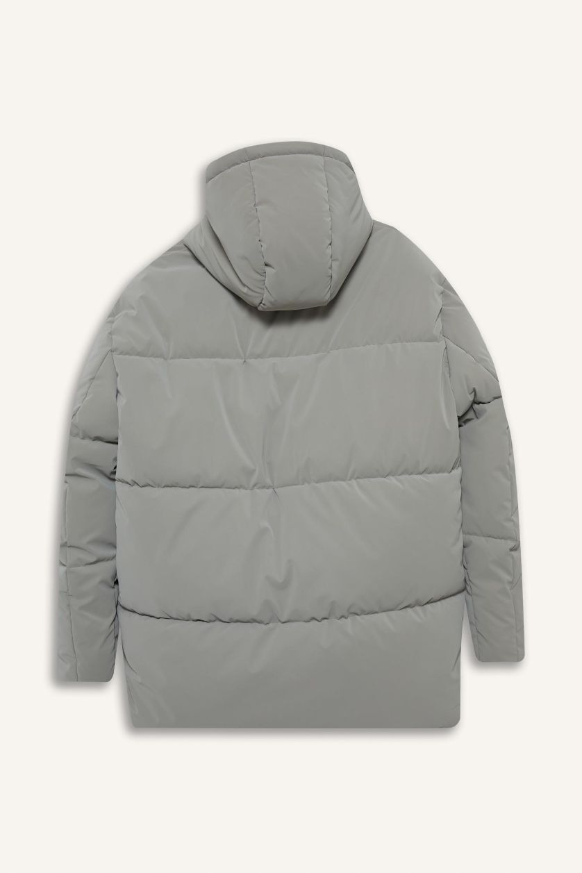 Erkek Açık Gri Su İtici Regular Fit Kapüşonlu Cepli Astarlı Rüzgar Geçirmez Fermuarlı  Parka