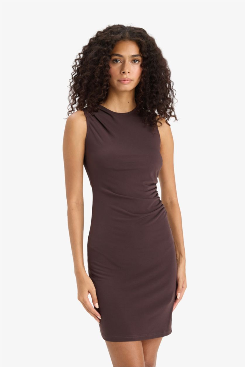 Женщины Коричневый Облегающее платье-футляр без рукавов с круглым вырезом
