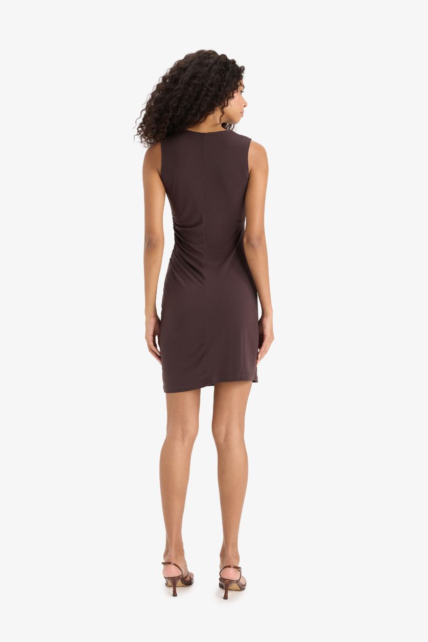 Женщины Коричневый Облегающее платье-футляр без рукавов с круглым вырезом