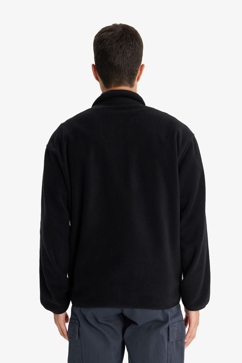 HOMME Noir Cardigan en polaire à col montant Coupe décontractée
