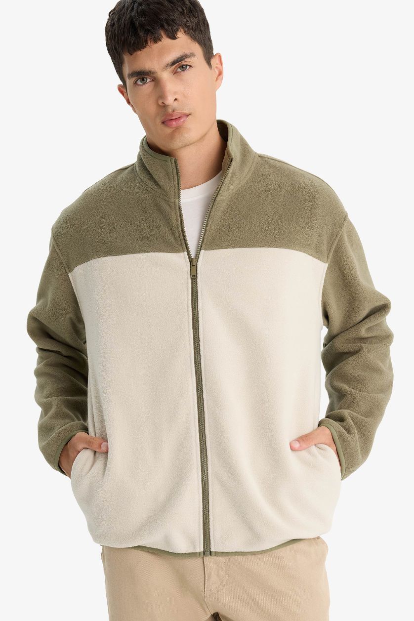 MAN Khaki Relax Fit Half Turtleneck Zippered Fleece Cardigan