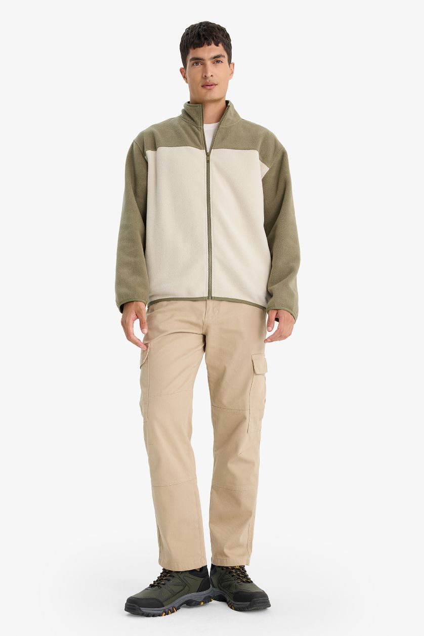 MAN Khaki Relax Fit Half Turtleneck Zippered Fleece Cardigan