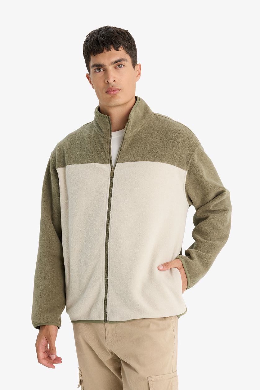 MAN Khaki Relax Fit Half Turtleneck Zippered Fleece Cardigan