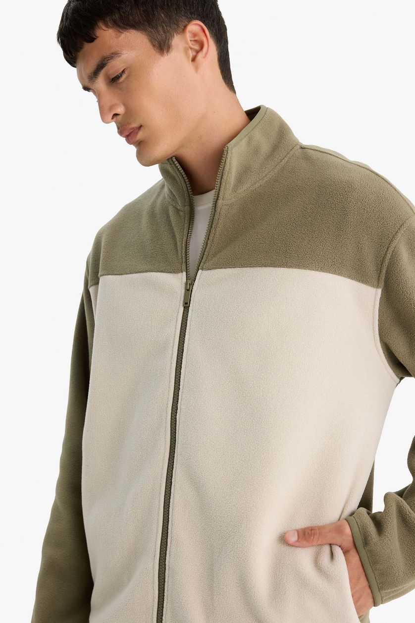 MAN Khaki Relax Fit Half Turtleneck Zippered Fleece Cardigan