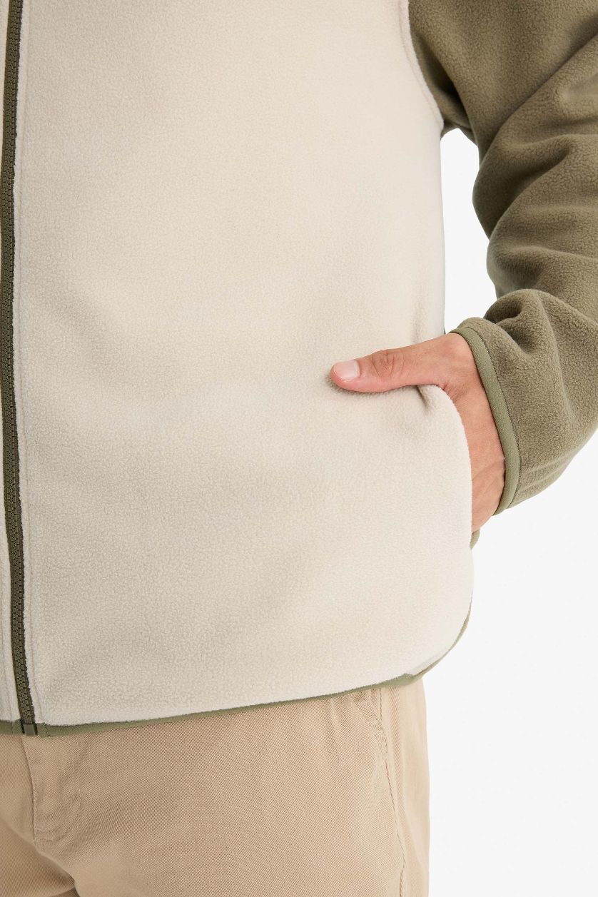 MAN Khaki Relax Fit Half Turtleneck Zippered Fleece Cardigan