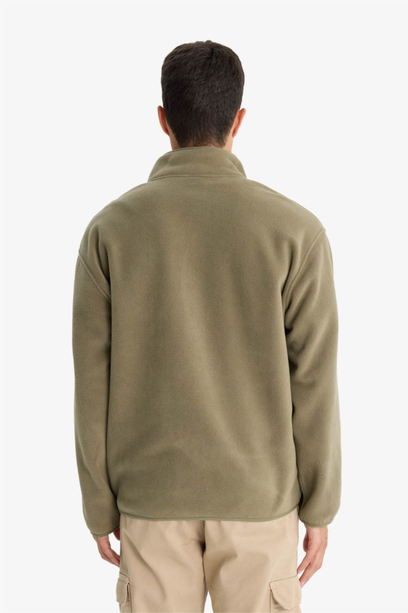MAN Khaki Relax Fit Half Turtleneck Zippered Fleece Cardigan