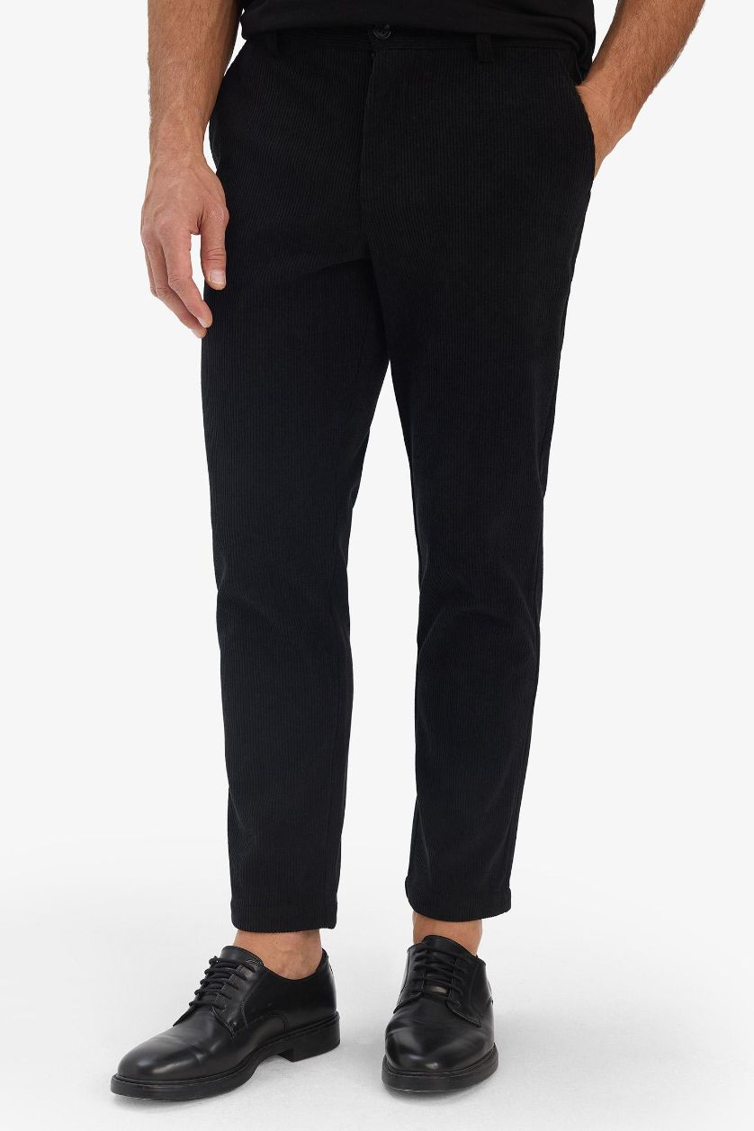 Man Black Regular Fit Straight Leg Velvet Trousers