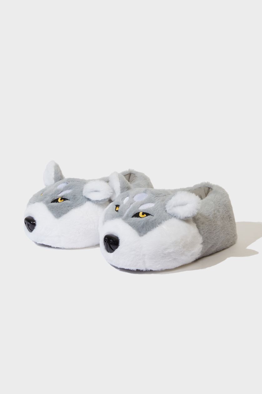 Man Grey Man Animal Flat Wolf Themed Home Slippers