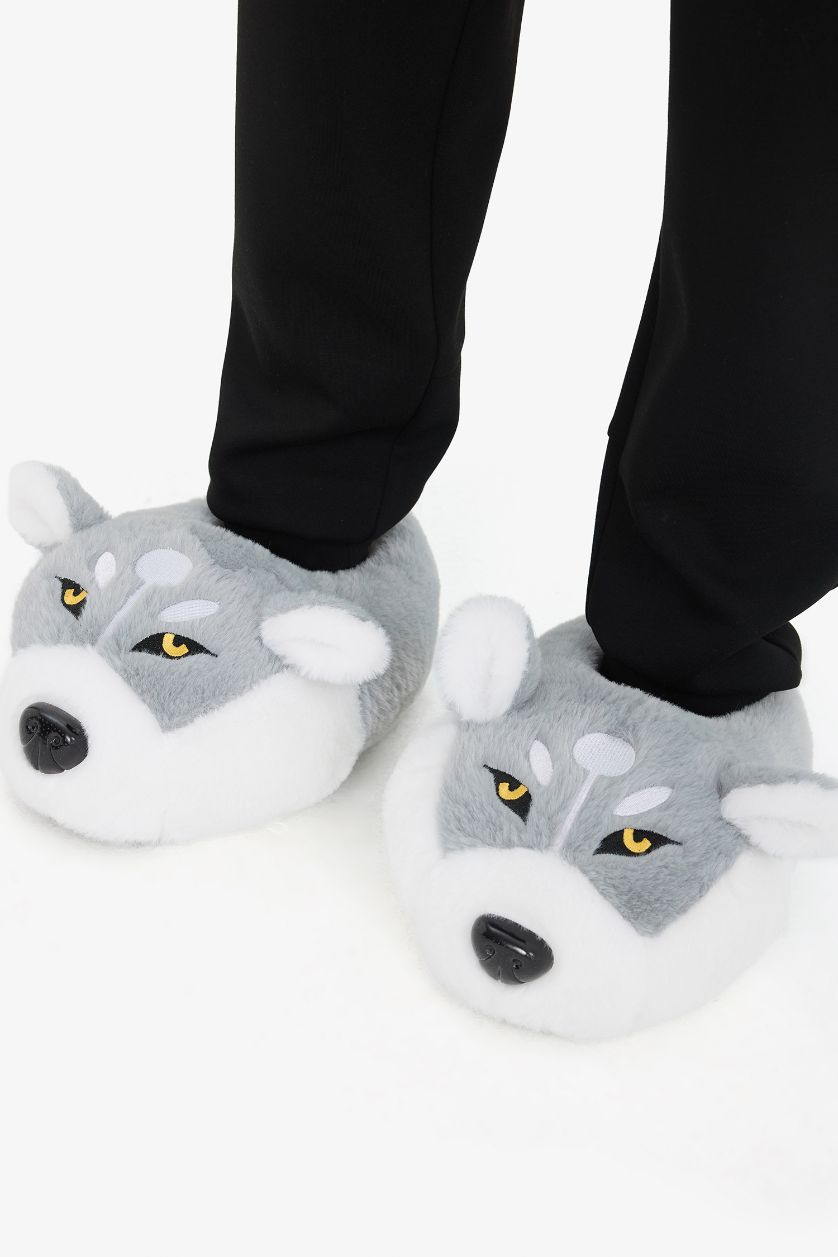 Man Grey Man Animal Flat Wolf Themed Home Slippers