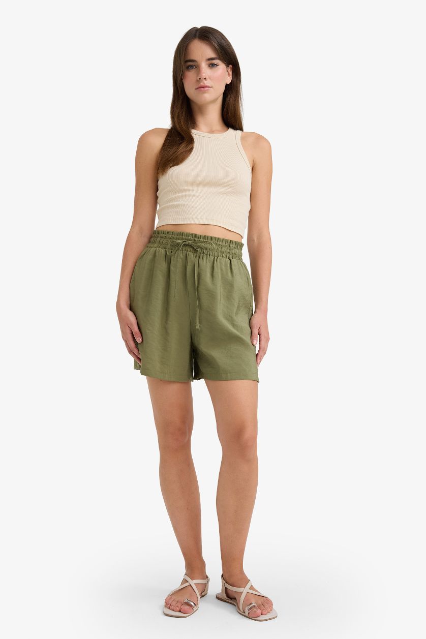 Woman Khaki modal High Waist Regular Hem Shorts