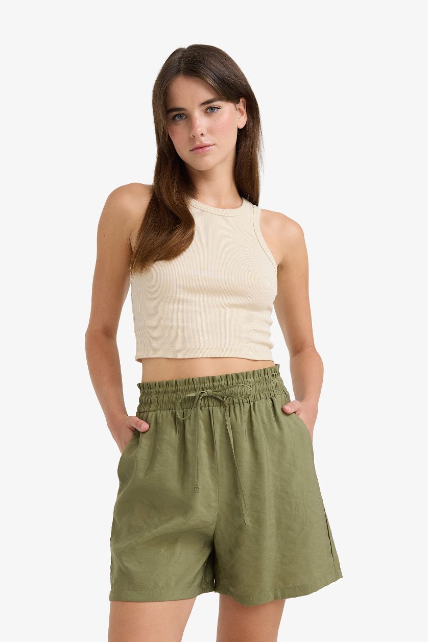 Woman Khaki modal High Waist Regular Hem Shorts