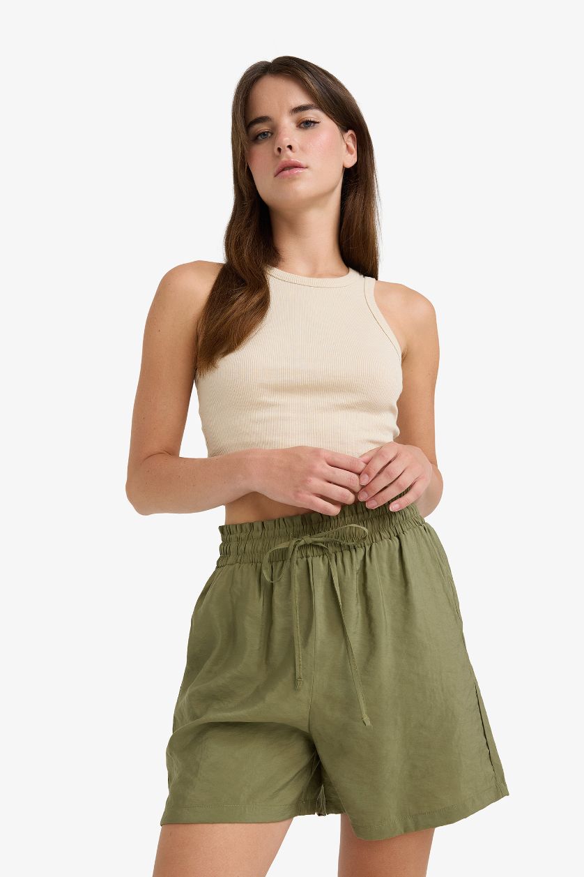 Woman Khaki modal High Waist Regular Hem Shorts